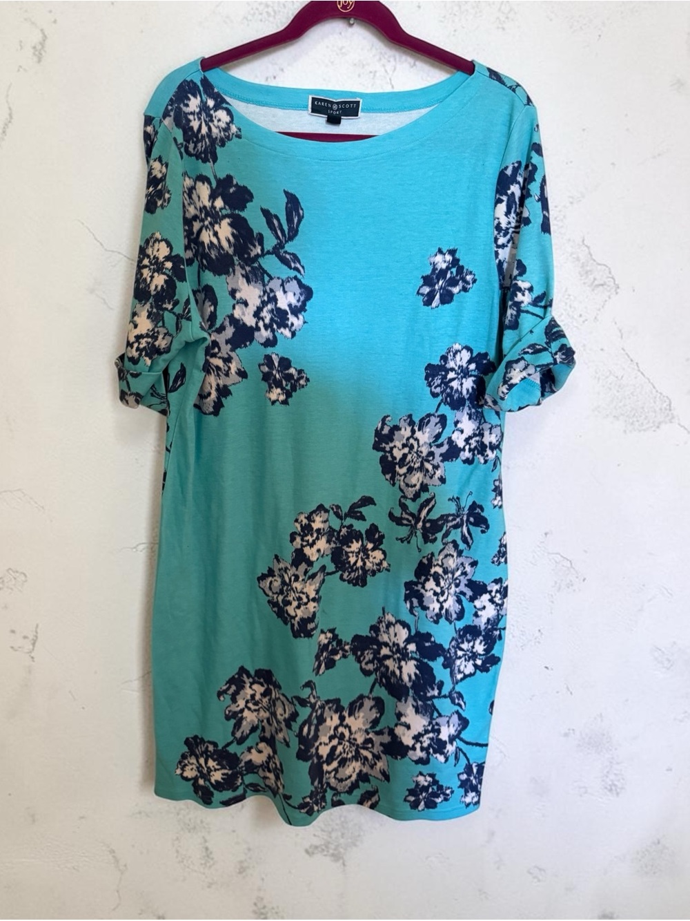Karen Scott Turquoise Floral Roll-Sleeve Tunic Top